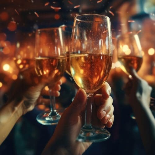 Friends raise glasses of champagne at a party, Celebration conce