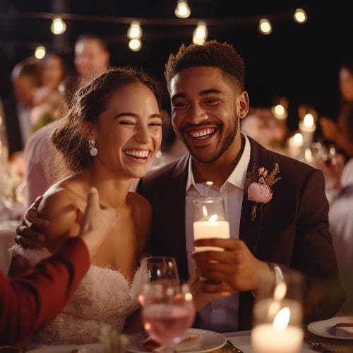 Beautiful Bride and Groom celebrating wedding at an evening wedding reception party. Smiling multi ethnic wedding couple enjoying champagne with their guests.